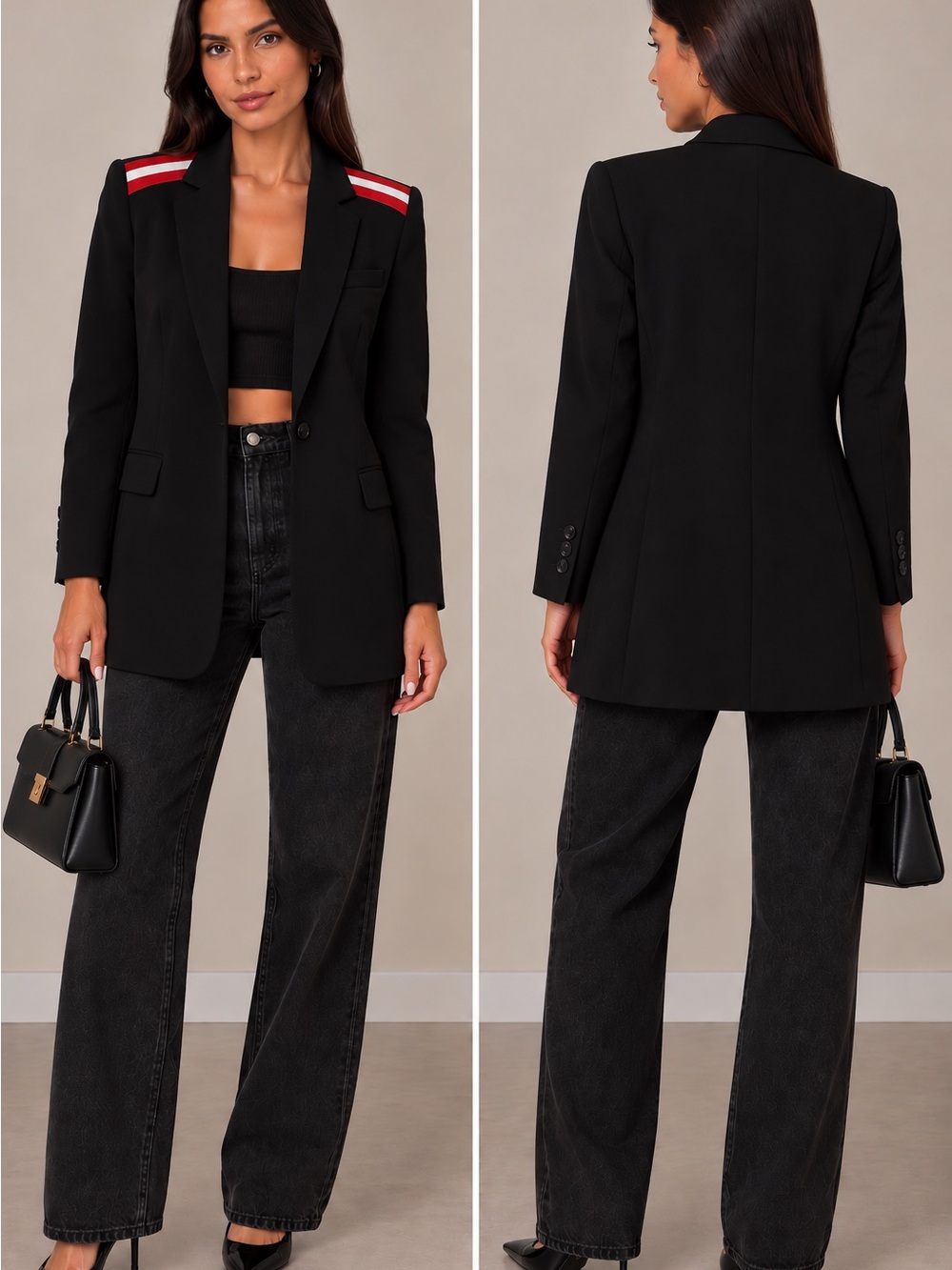 Central Park West Black Blazer with Red & White Shoulder Stripes